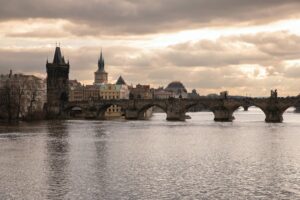 View of the Charles Bridge over the Vltava River in Prague, Czech Republic