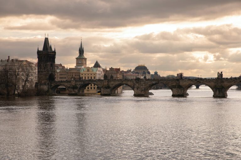 View of the Charles Bridge over the Vltava River in Prague, Czech Republic